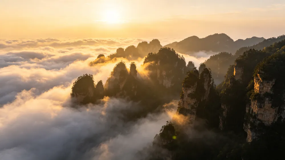 張家界春季雨後初晴的壯麗雲海，峰林在雲霧中若隱若現，是一年中最美的自然景觀