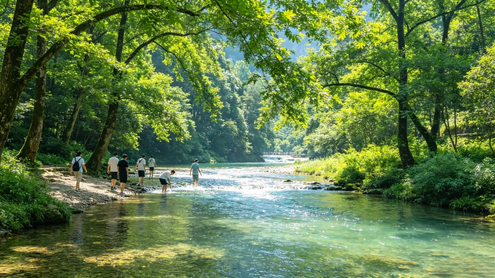 張家界夏季金鞭溪清涼宜人，溪水清澈綠樹成蔭，是遠離市區酷熱的天然避暑勝地