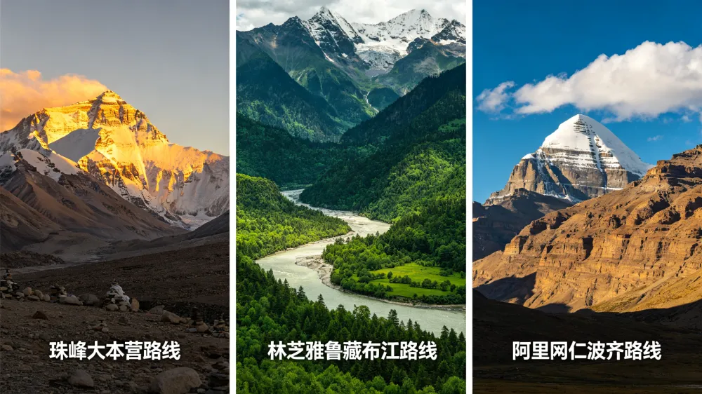 西藏三大熱門旅遊路線風景拼圖，珠峰經典路線、林芝輕鬆路線、阿里深度路線