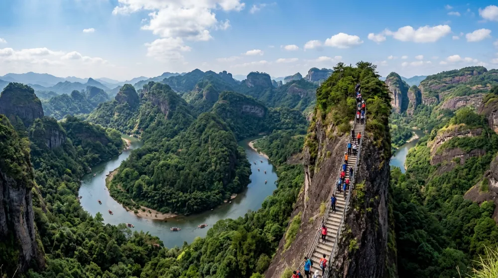武夷山景點介紹天游峰俯瞰九曲溪彎曲河道之壯麗景觀