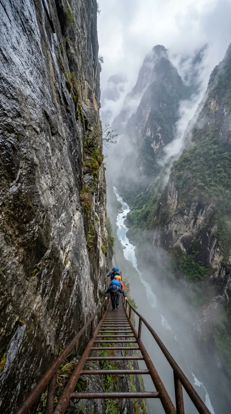 七彩雲南虎跳峽中虎跳垂直天梯與野生峽谷峭壁