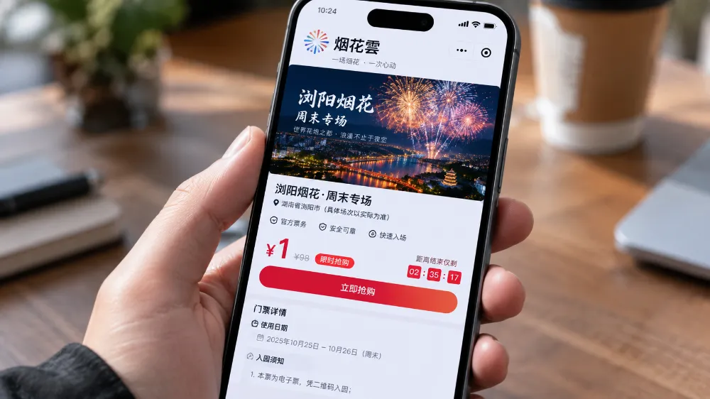 瀏陽週末焰火秀1元門票預約頁面，烟花雲微信小程序截圖