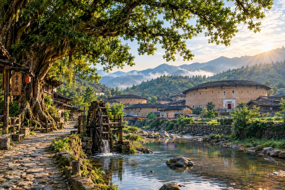 土樓村落全景，強調不是江南水鄉
