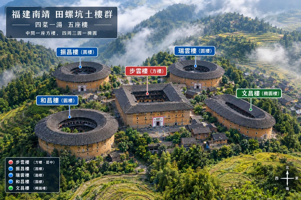 田螺坑四菜一湯五座樓名稱標註圖,步雲樓為方樓居中,振昌樓、瑞雲樓、和昌樓為圓樓,文昌樓為橢圓樓。
