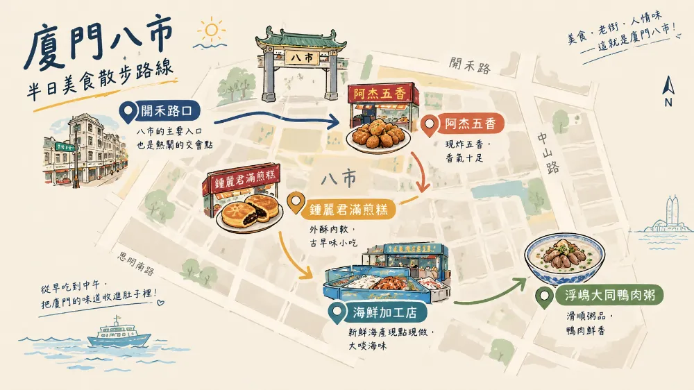 廈門八市半日美食漫遊行程路線圖，標示阿杰五香、滿煎糕與海鮮加工店等站點