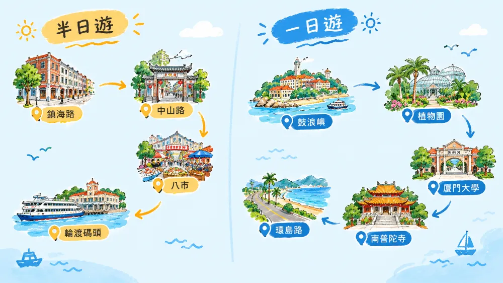 廈門旅遊地圖行程串聯示意圖,半日遊與一日遊路線從鎮海路到環島路